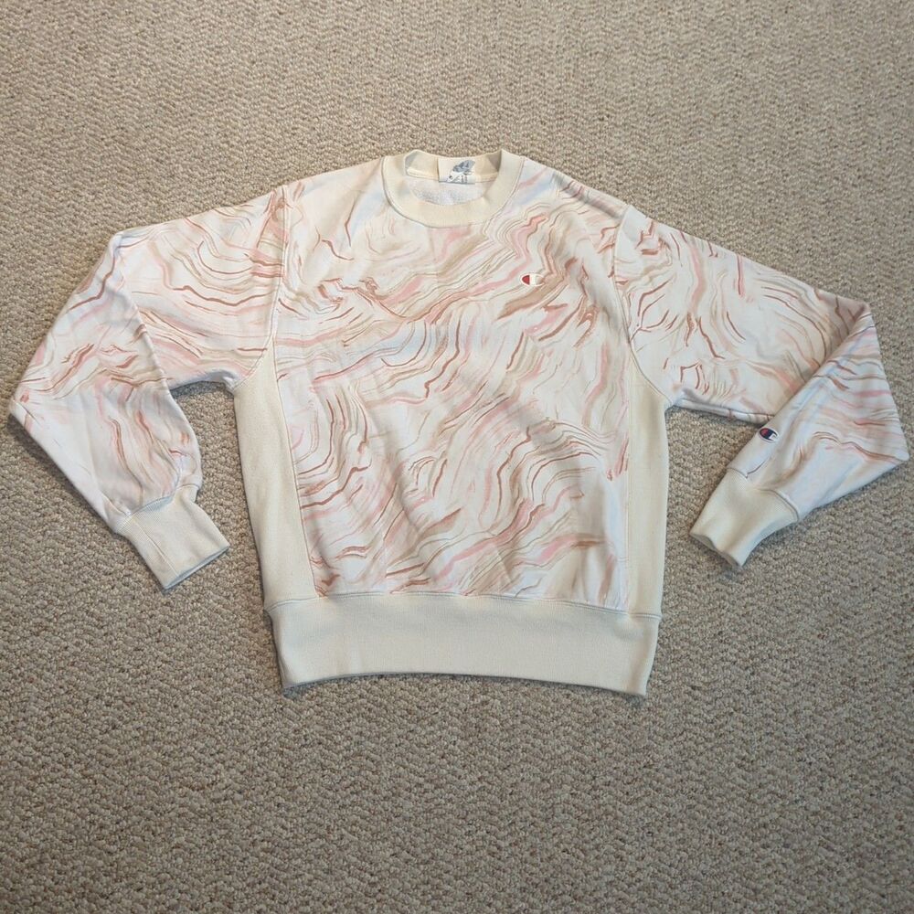 Champion Reverse Weave Boyfriend Swirl Sweatshirt Womens S Beige Pink Crewneck